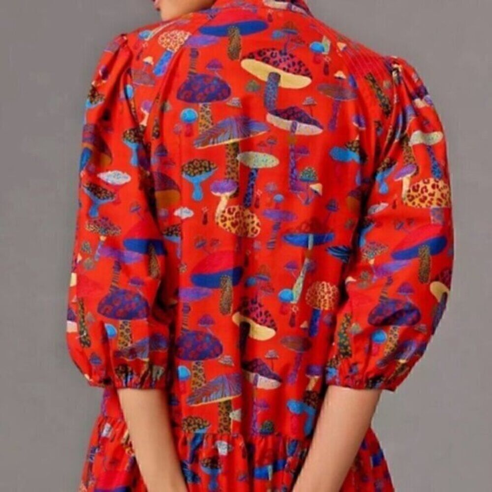 Red Animal Print Mushroom  Lantern Sleeve Mini Dress S - Picture 9 of 12